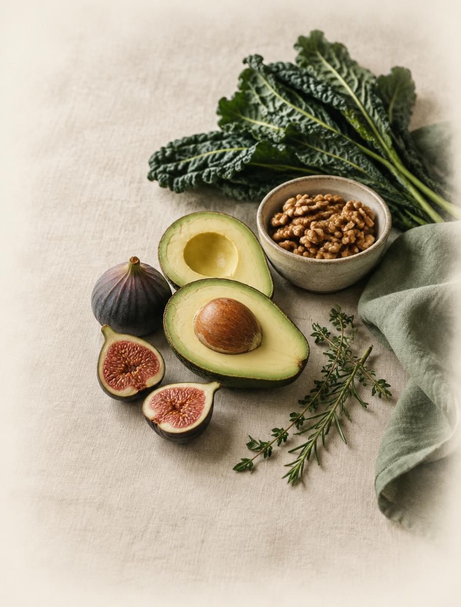 Fresh avocado, figs, greens, and walnuts arranged on linen